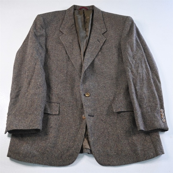 Vtg Hart Schaffner Marx 46R Brown‎ Birdseye 100% Wool Tweed Blazer Jacket Coat